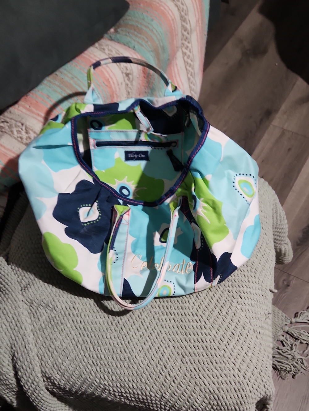 thirty-one Floral Tote in Aqua, Navy & Lime